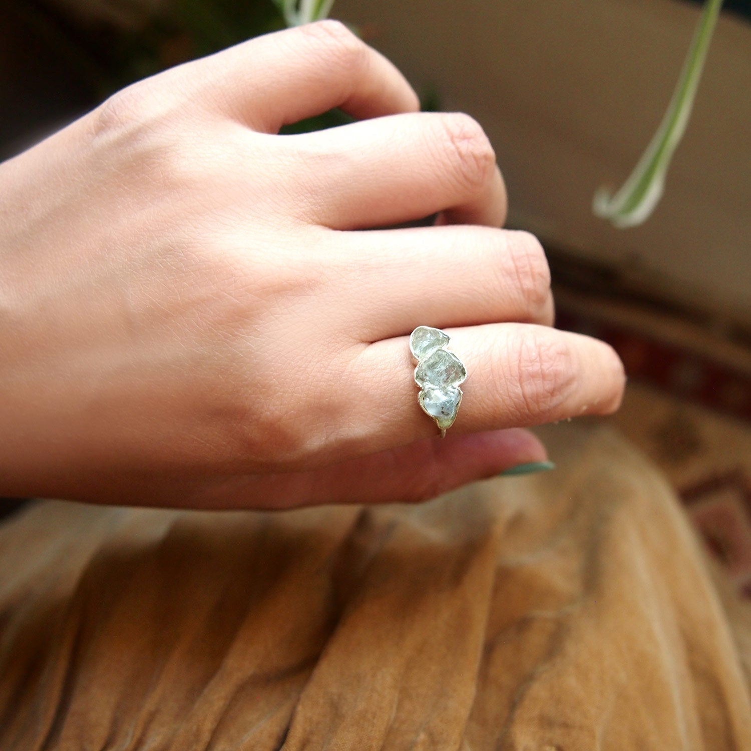 Three Stone Raw Aquamarine Ring Sterling Silver