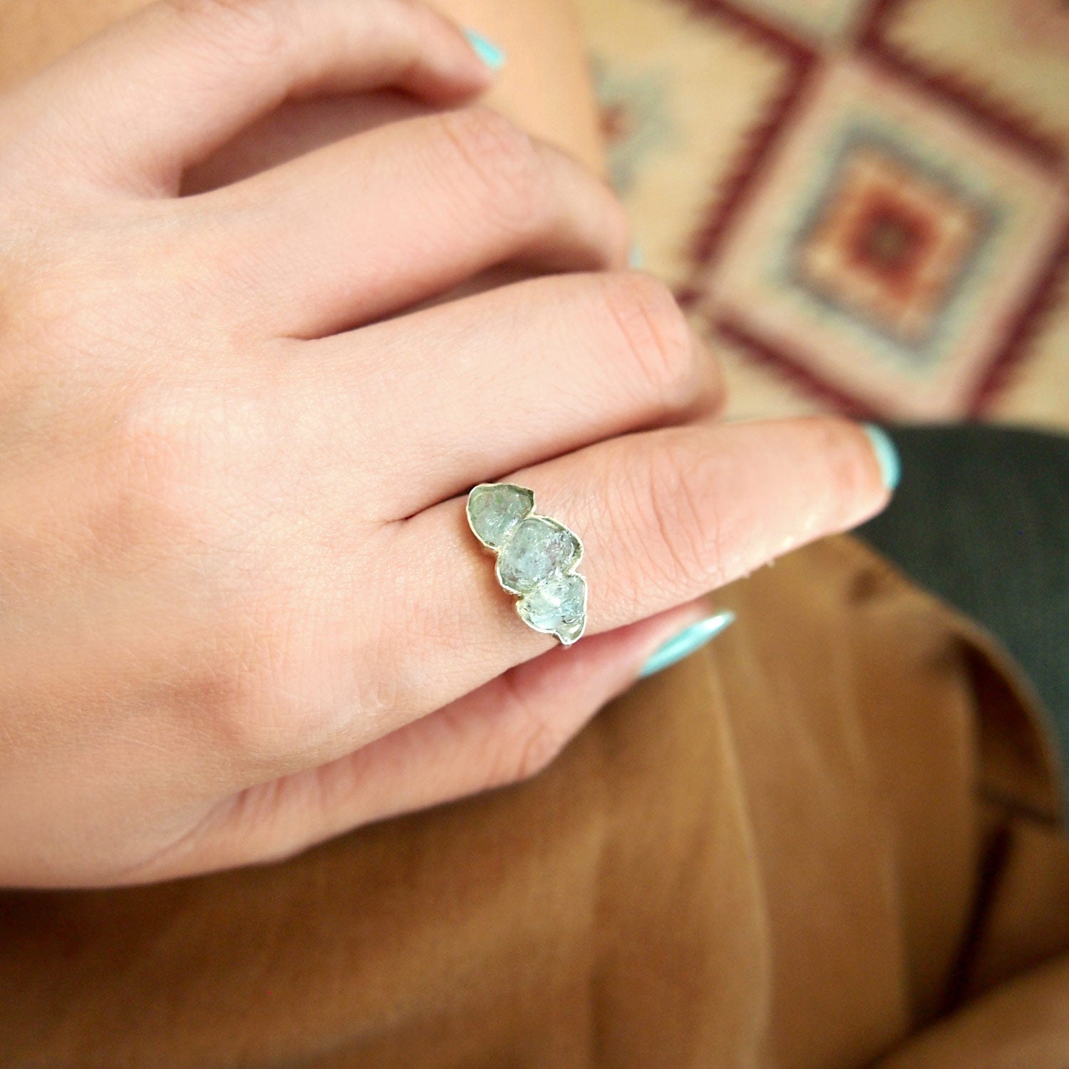 Three Stone Raw Aquamarine Ring Sterling Silver