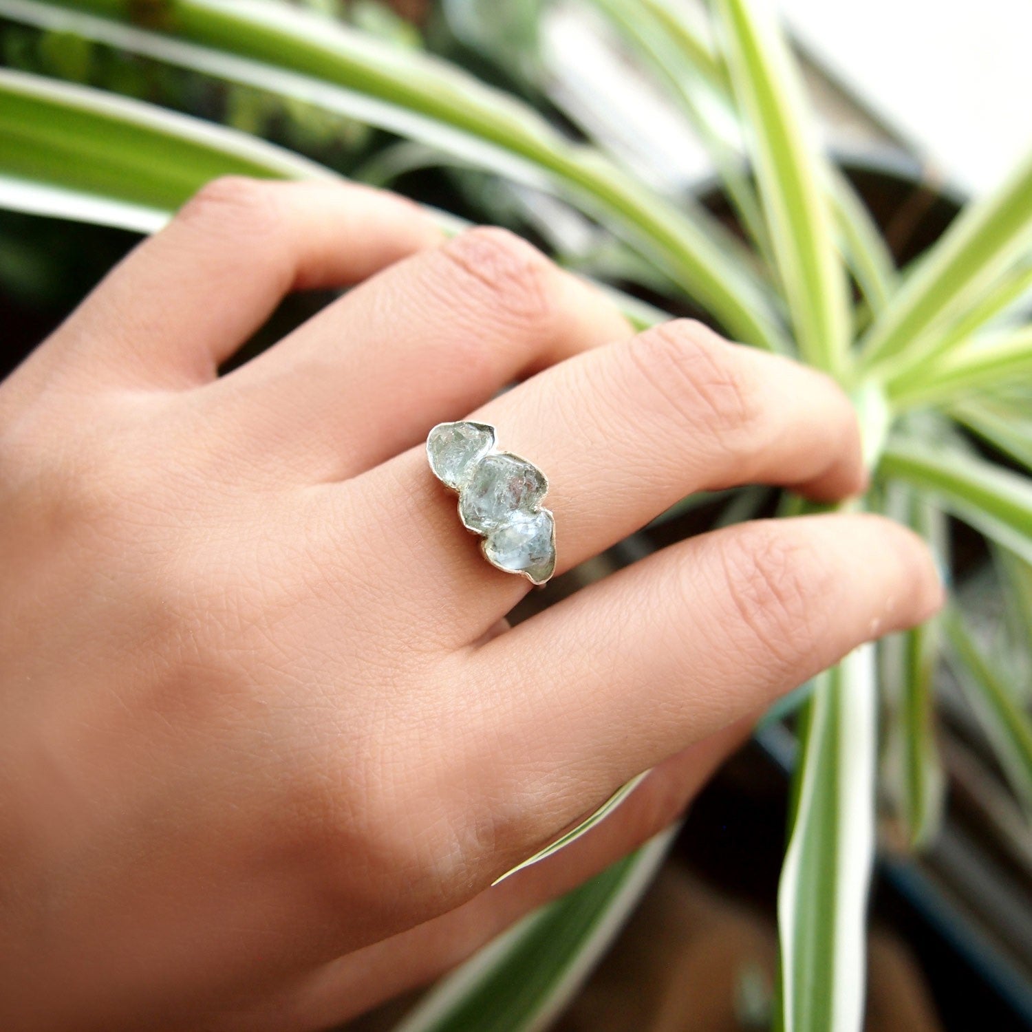 Three Stone Raw Aquamarine Ring Sterling Silver