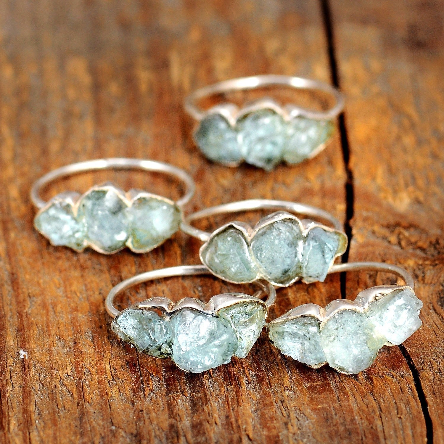 Three Stone Raw Aquamarine Ring Sterling Silver