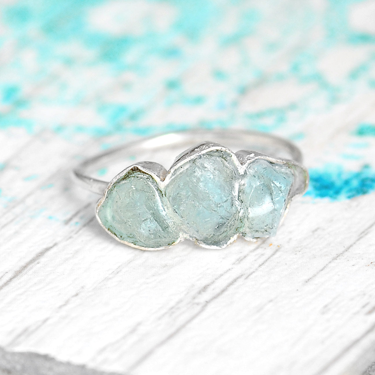 Three Stone Raw Aquamarine Ring Sterling Silver